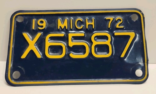 Michigan 1972 Motorcycle License Plate X6587 Blue Yellow Vintage Collectible Tag