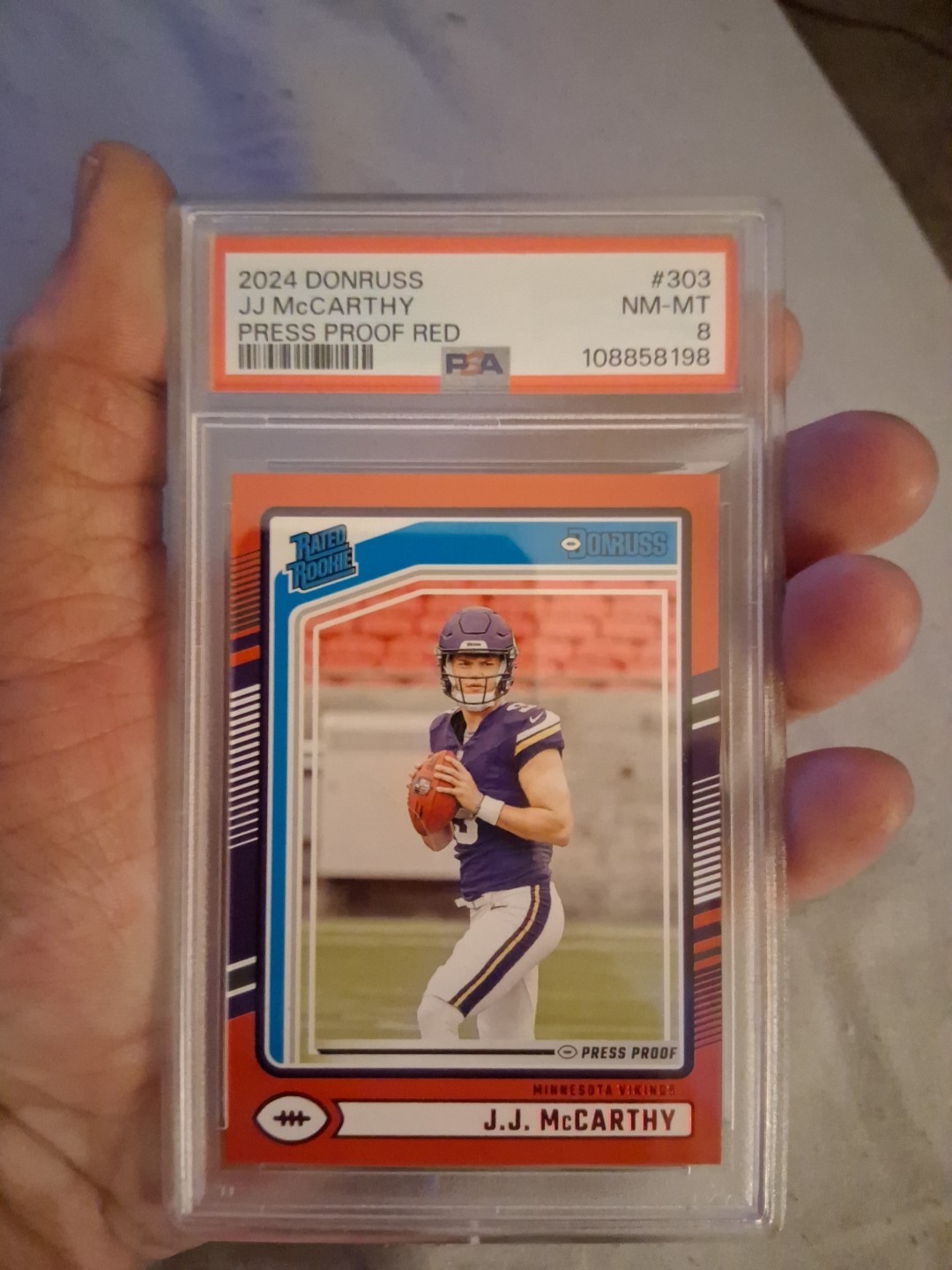 JJ McCarthy 2024 Donruss Rated Rookie Red Press Proof MINNESOTA VIKINGS PSA 8