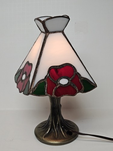 Vintage Tiffa-Mini Buntglas Tisch Fee Lampe rote Rose Design schwerer Fuß - Bild 3 von 9