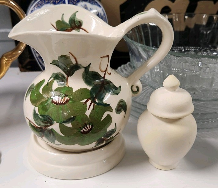 vtg. pottery pitcher, handcrafted, hand-painted by the Cash Family in Tennessee