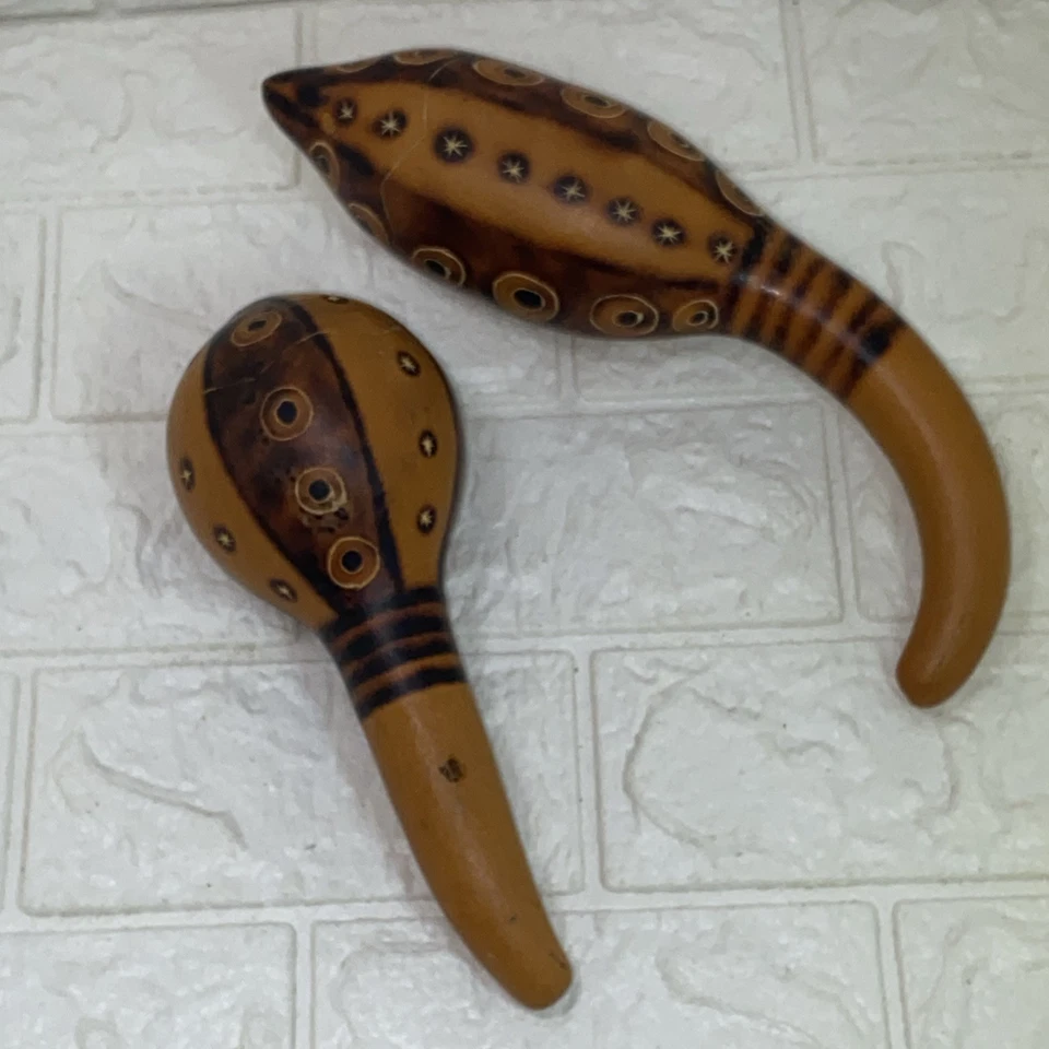 Vintage Gourd Shakers Maracas Hand Fire Burned Designs Decorated Peru EUC 6 & 7” - Image 2 of 4