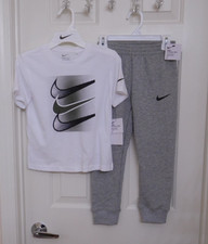 NWT 2pc Nike White Gray Black Swoosh Logo Shirt Joggers Set sz 6