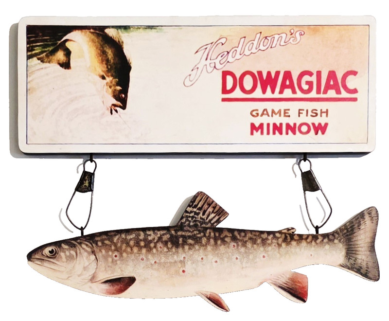 1915-20 Heddon's DOWAGIAC ~ GAME FISH MINNOW Lure Box Sign w Female Brook Trout