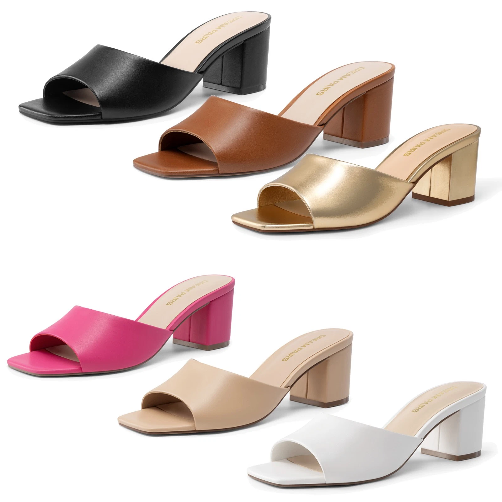 Women Square Toe Slide Sandals 2.24" Block Slip On Comfort Mules Heeled Sandals