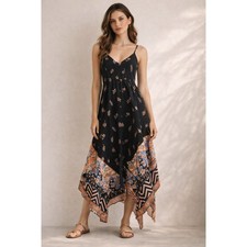 Express Boho Handkerchief Hem Floral Dress Black Orange Womens S