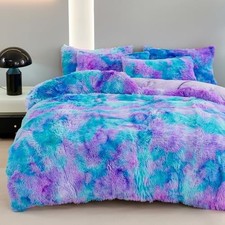 Shaggy Duvet Cover Set Twin Size for Girls Boys Tie Twin 3 Pcs Blue Purple