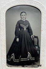 Tintype Civil War Era Pretty Young Woman Chevron Pattern Dress Antique Photo
