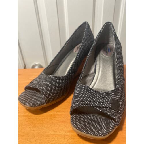 LifeStride Cork Wedge Open Toe Comfort Heels Black White Dot Memory Foam 7