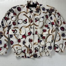 Vintage Nicole J-farah Bomber Jacket Women Large Jewerly Allover Print Satin