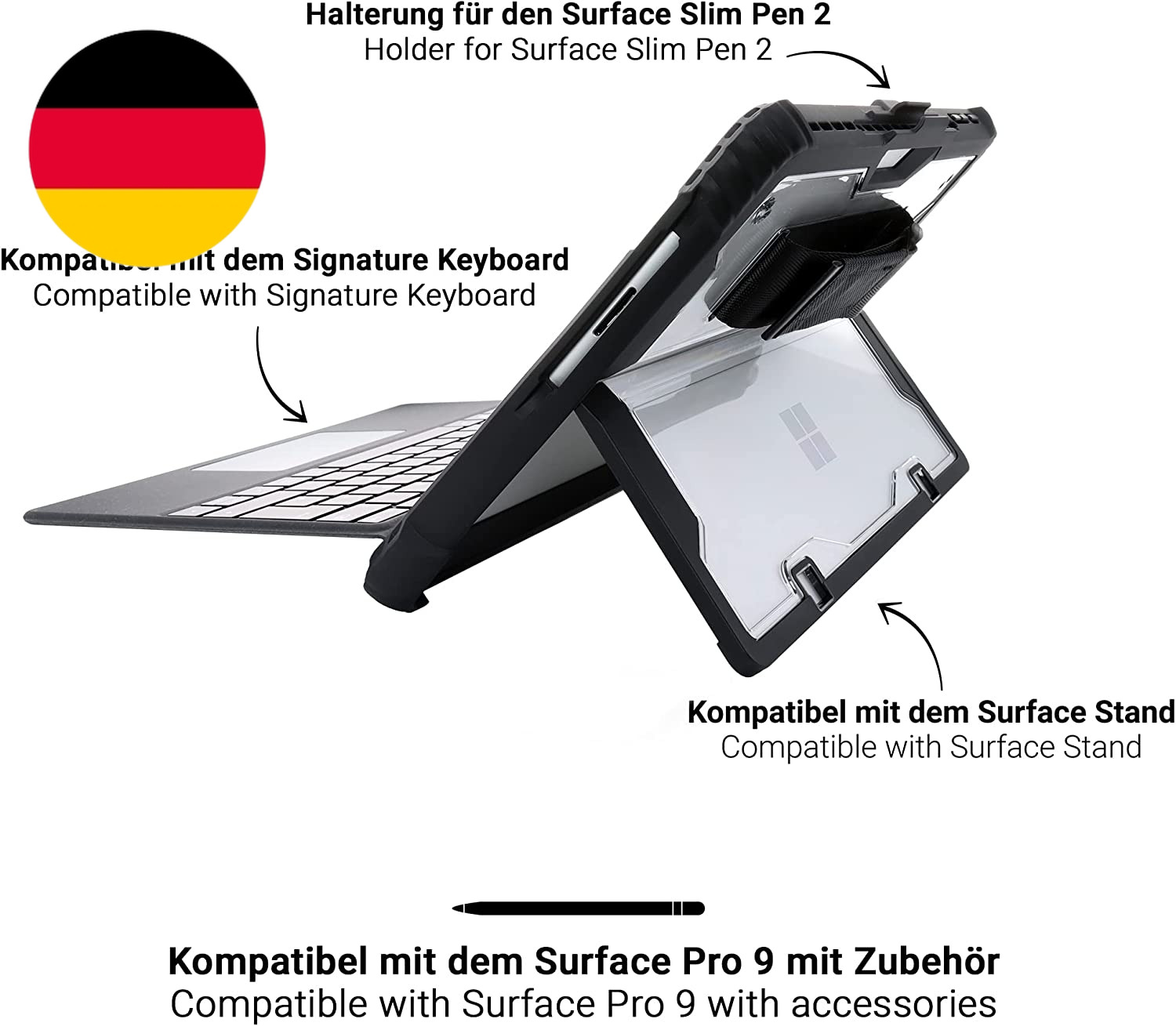 Honju FIT Handstrap Case Microsoft Surface Pro 9 Hülle [Signature Keyboard Kompa