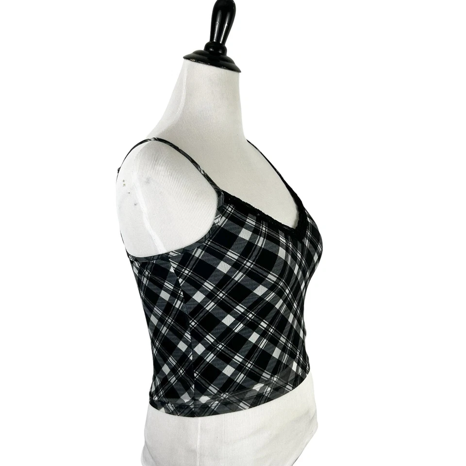 Camiseta sin mangas recortada a cuadros HOLLISTER L negra encaje Y2K Academia escuela preppy grunge Foto 3 de 4