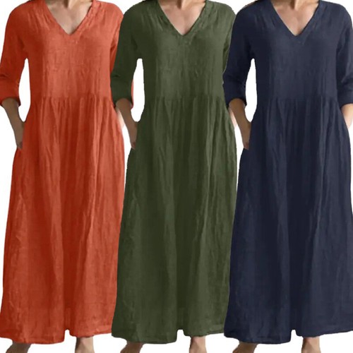 Langes Damenkleid Mit V-Ausschnitt Baumwolle Und Leinen Mit Tasche Einfarbig 〒 - Picture 4 of 17