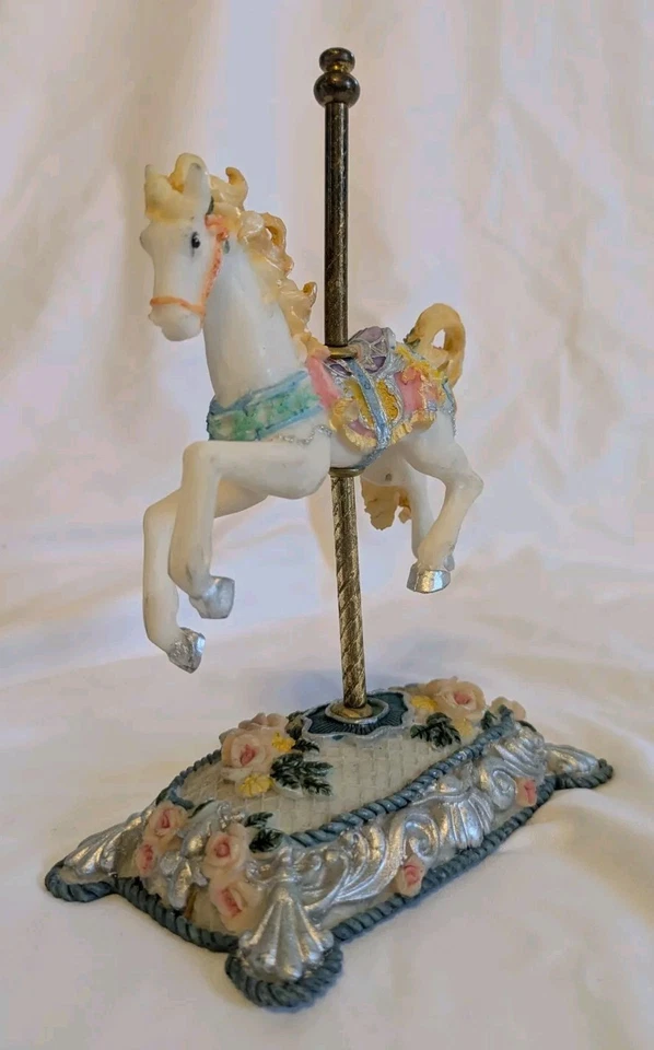 Carrusel de resina vintage de 6,5" caballo floral rosa/azul/plateado poste de latón pastel Foto 4 de 4