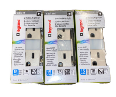 (3 Pack)Legrand radiant 15A Tamper-Resistant Outlet w/ Night Light, Nickel