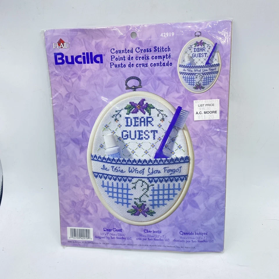 Kit de punto de cruz contado Bucilla a cuadros 2001 de colección Querido invitado bolsillo de baño NUEVO Foto 3 de 4