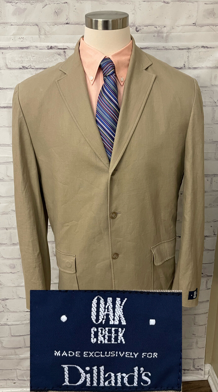 Oak Creek Dillards 44L 3 Button Beige Linen Blend Jacket Blazer Sport Coat  