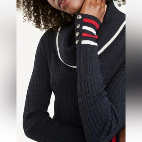 Tommy Hilfiger Pulloverkleid Zopfmuster Wasserfallausschnitt schwarz langarm adrett - Bild 2 von 3