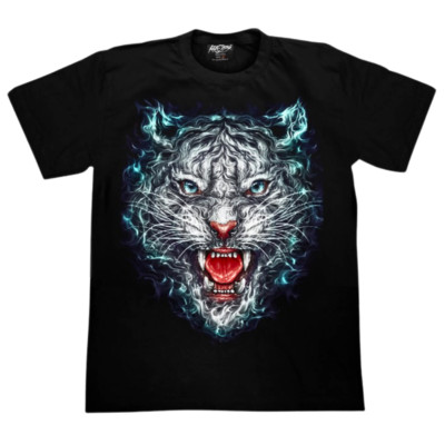 Tiger Blue Fire T-Shirt Mens Wild Graphic Black Glow In The Dark New Year Gift