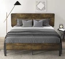 Queen Size Metal Platform Bed Frame with Wooden Headboard, Black & Brown