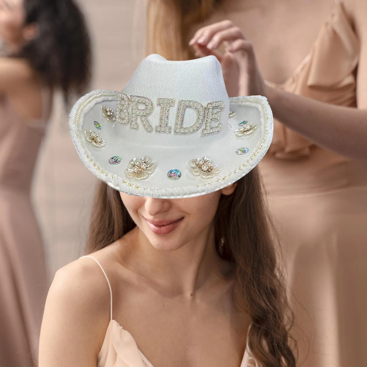 Cowgirl Hat Wind Lanyard White Women Cowboy Hat for Wedding Party Girls Boys