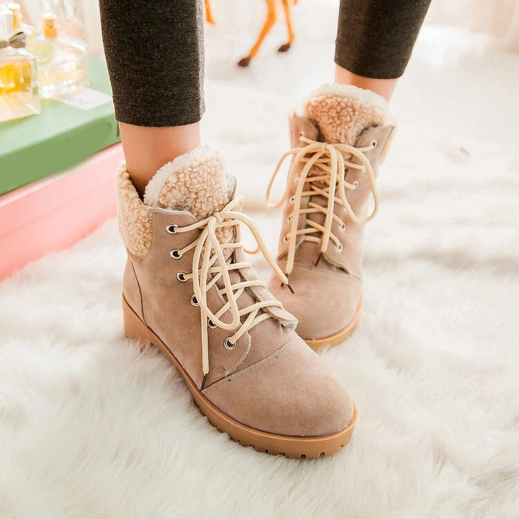 Winter Warm Fleece Lining Snow Boots Women Chunky Heels Lace Up Ankle Boots Flat