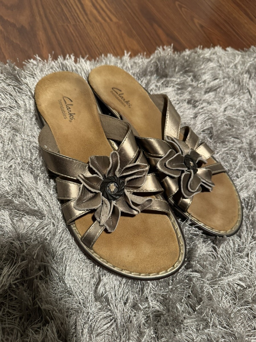 Clarks Bendables Lena Admire Leather Slides with Flowers Pewter Women's Size 7.5