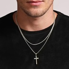 2 pcs Punk Hip Hop Stainless Steel Cross Pendant Necklace Rope Twist Chain Set