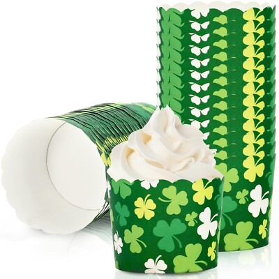 100Pcs St. Patrick's Day Paper Baking Cups Green White Shamrock Cupcake Wrapp...