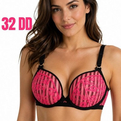   VS Very Sexy  Padded  Demi Bra   32DD   Gothic Stripes   Hot Pink Lace Lolita