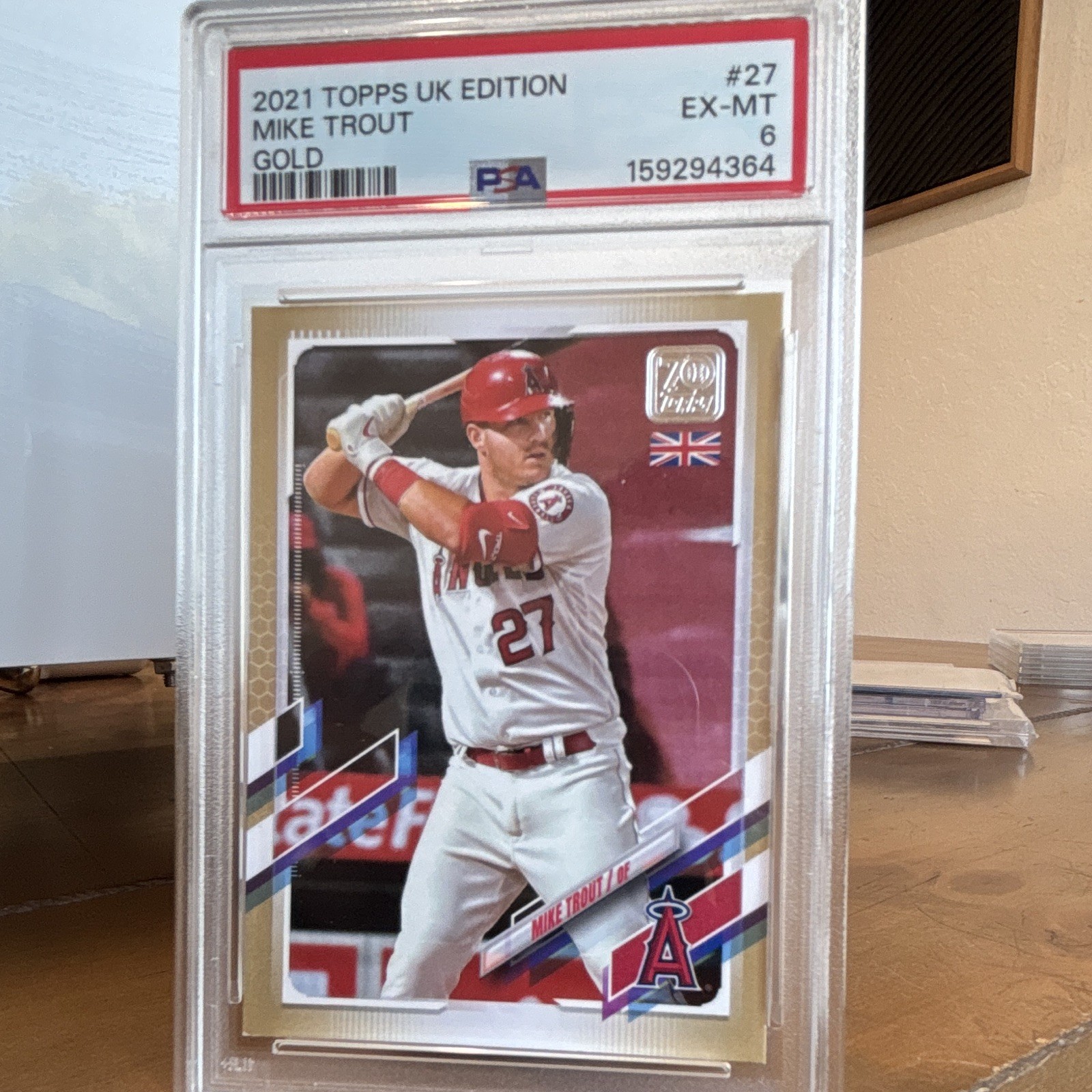 Topps 2021 UK Edition Mike Trout Gold /25 #27 PSA 6 Serial Numbered 05/25 view 1