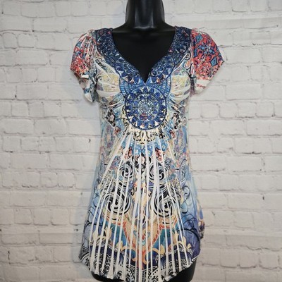 APT 9 y2k indie boho multi colored mandala tunic bedazzled crochet detail small