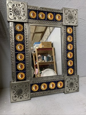 Punched Tin Mirror Talavera Tile Mexican Folk Art moons Vintage Casa Decor Gift