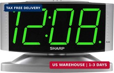 Sharp Led Alarm Clock Big Green Display Snooze Dimmer Silver Case
