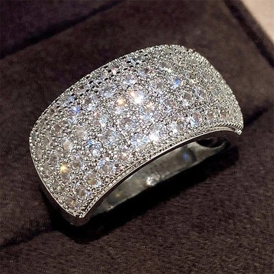 Bling CZ Wide Band Ring Women Sparkling Crystal Statement Wedding Fashion Ring