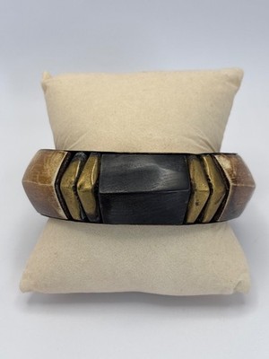 Vintage Boho Brass and Bone Wide Chunky Bangle Bracelet Bronze Brown Black 8 