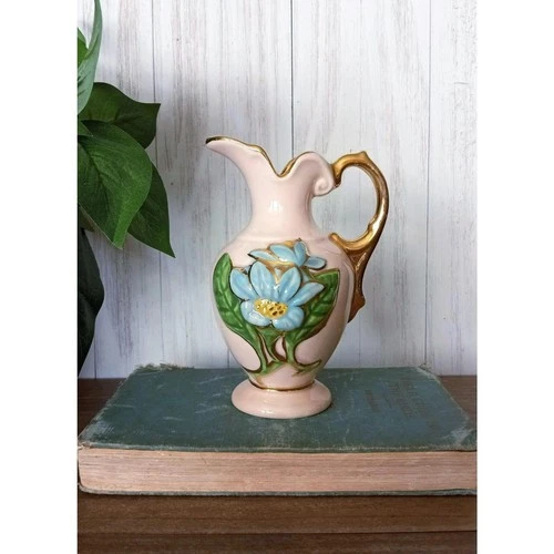 Vintage Hull Pitcher Vase, Blue Magnolia, Blue Floral with Gold Accents