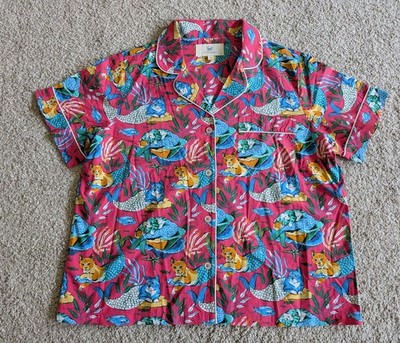 Printfresh pajama shirt TOP ONLY button meowing mermaids short sleeve cotton M