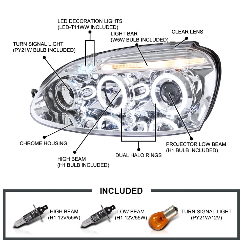 Fits 2006-2010 Volkswagen MKV Golf Jetta Rabbit LED Halo Projector Headlights Foto 3 de 4