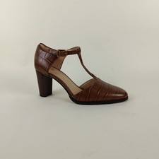 Scarpe Clarks T Bar donna 7 marroni pelle Mary Jane décolleté tacco eleganti stampa coccodrillo