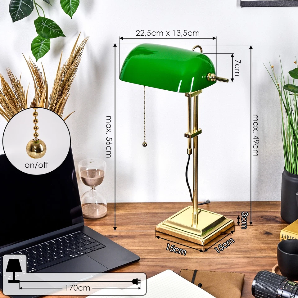 Bankerlampe & Schreibtischlampe: Zugschnur, E27, Metall/Glas, Messing/Grün/Weiß - Bild 4 von 4