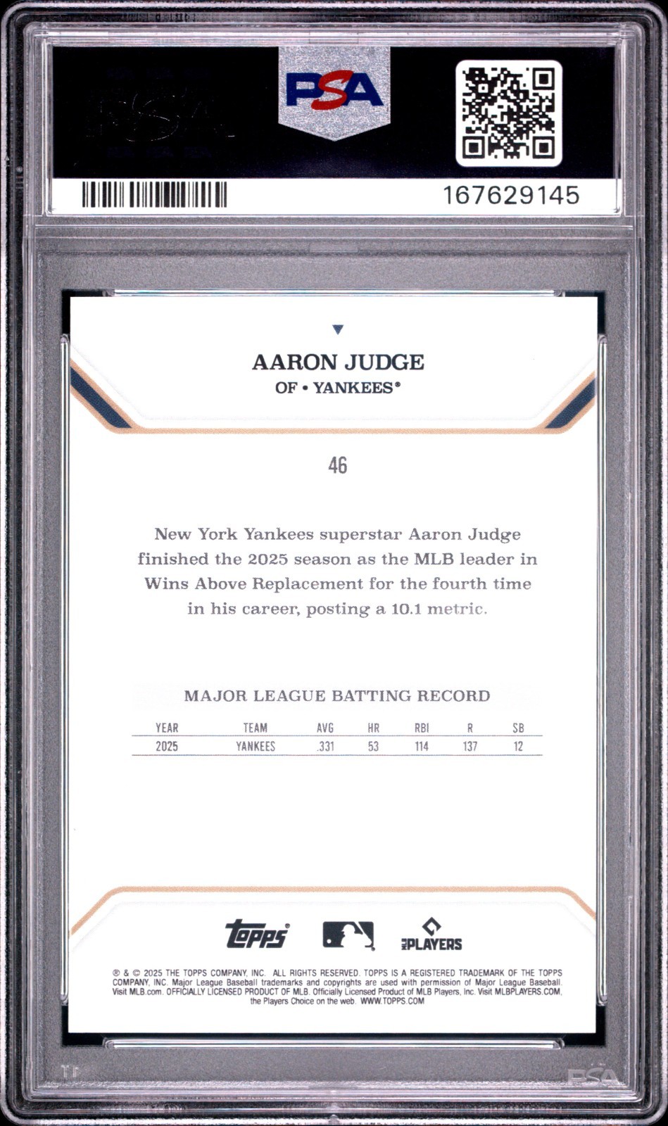 2025 Topps MLB MVP Collection Aaron Judge Orange Foil #46 PSA 9 AL MVP 2025 view 2