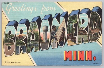 Greetings from Brainerd MN Postcard Linen Large Letter 1948 to Belleville IL