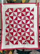 Handmade Doll Bed Quilt 13"X 16" Approx. Hand Quilted Red/Light Tones Cotton