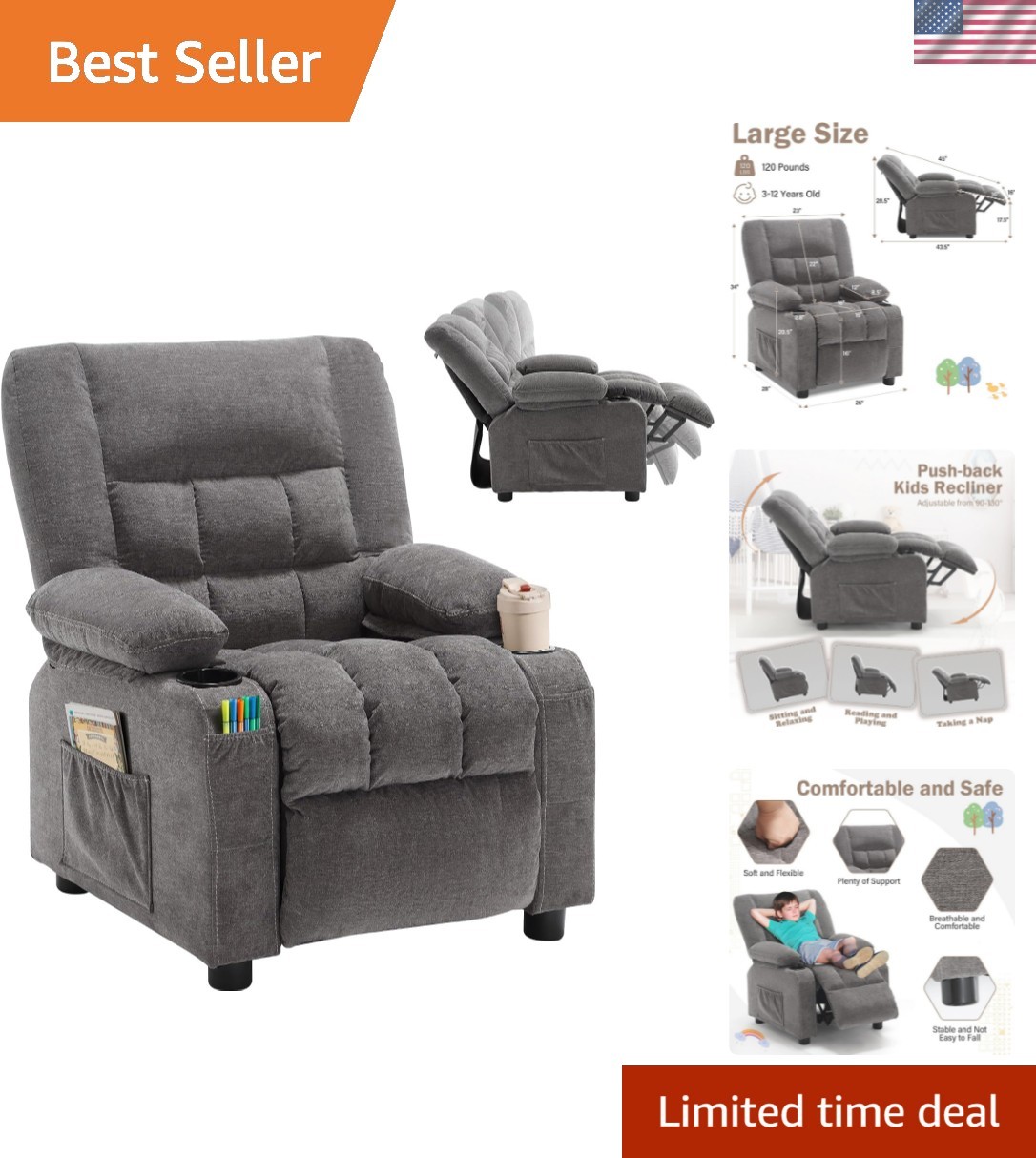 ， Push Back Toddler Recliner With Cup Holders & Side Pocke