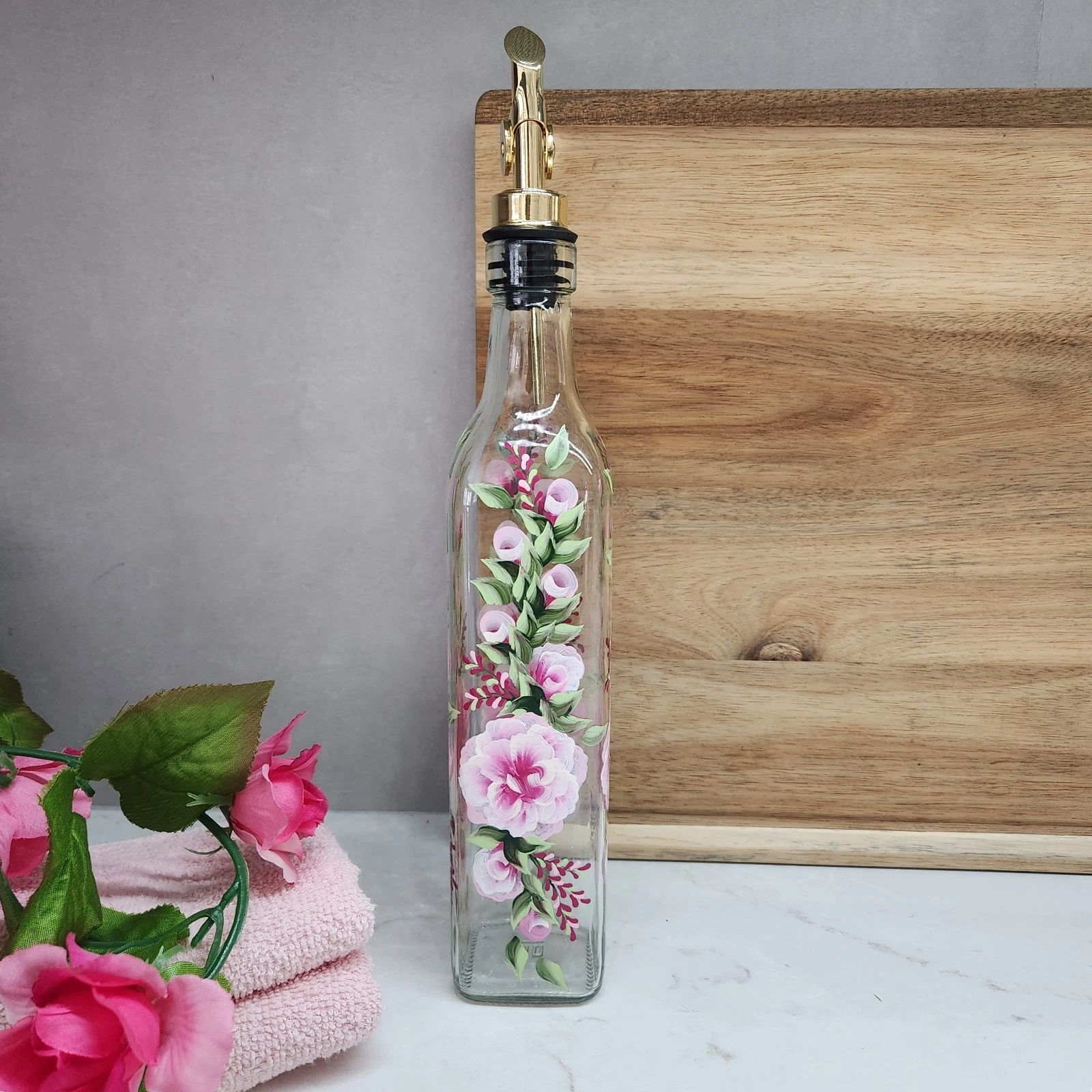 Oil Cruet Soap Bottle Pink Roses & Buds Hand Painted With Gold Weighted Spout
