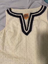 Tory Burch Navy Blue Eyelet Dress Sleeveless 100% Cotton Side Zipper 2 V-Neck