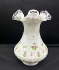 FENTON SILVER CREST RUFFLED VASE-SPANISH LACE VIOLETS IN THE SNOW VASE-READ