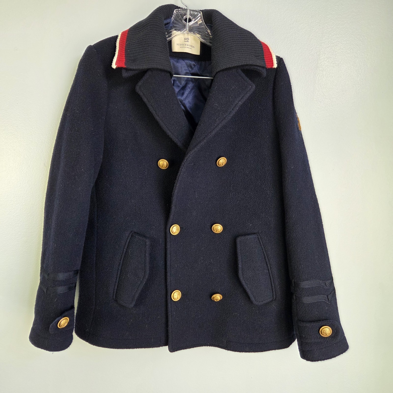 Mens Scotch and Soda Wool Blend Pea Coat Sz 14(Small) Navy Blue Military  Patch