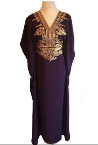 Dark Purple Moroccan Abaya Kaftan Cotton Maxi Dress With Gold Embroidery One Siz - Afbeelding 1 van 4