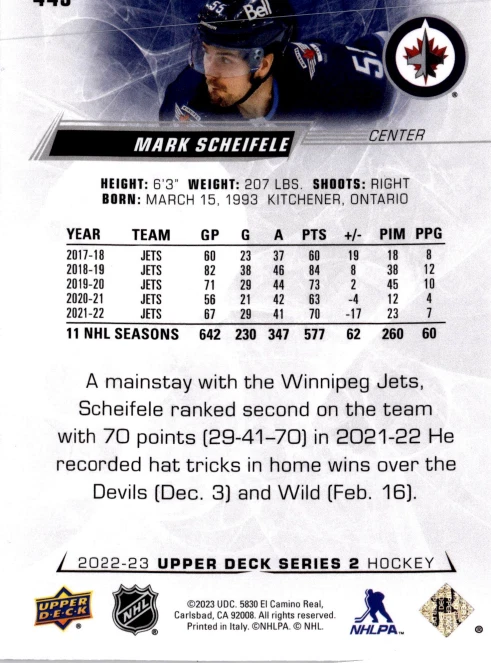 5 CARD LOT - 2022-23 Upper Deck Series 2 - Mark Scheifele #443 - Image 2 of 2